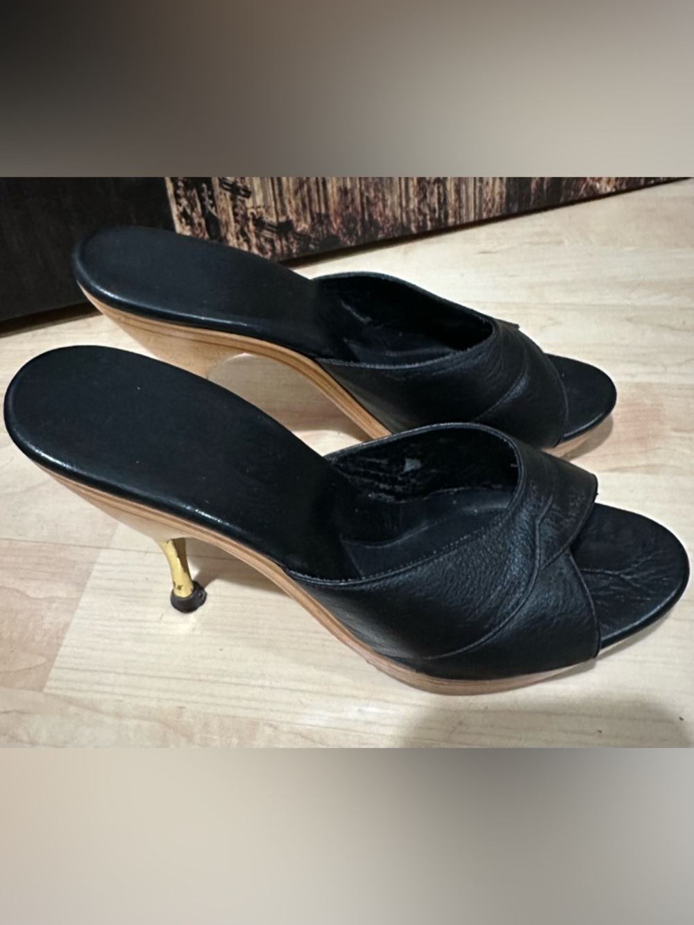 Re-Mix Hollywood Stilettos Black Leather Open-Toe Mule Heels